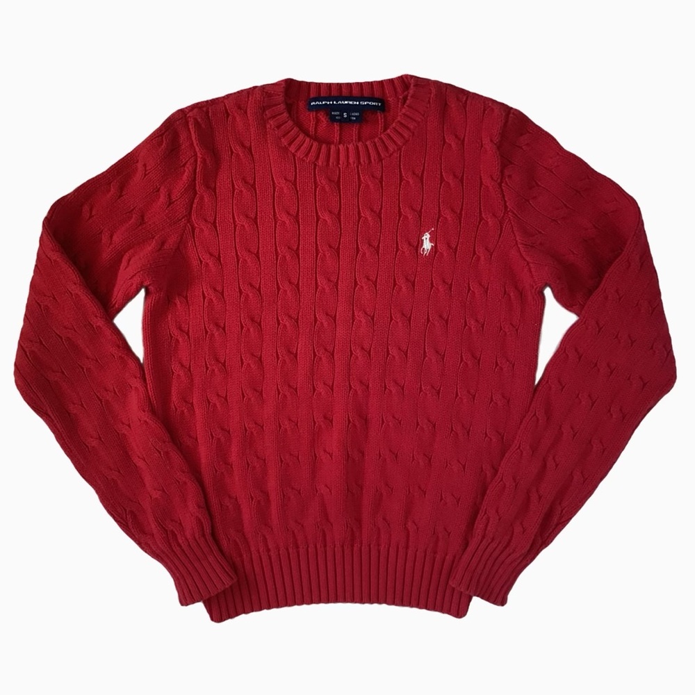 Ralph Lauren Sport Pullover Cable Knit crew neck Sweater. Red.